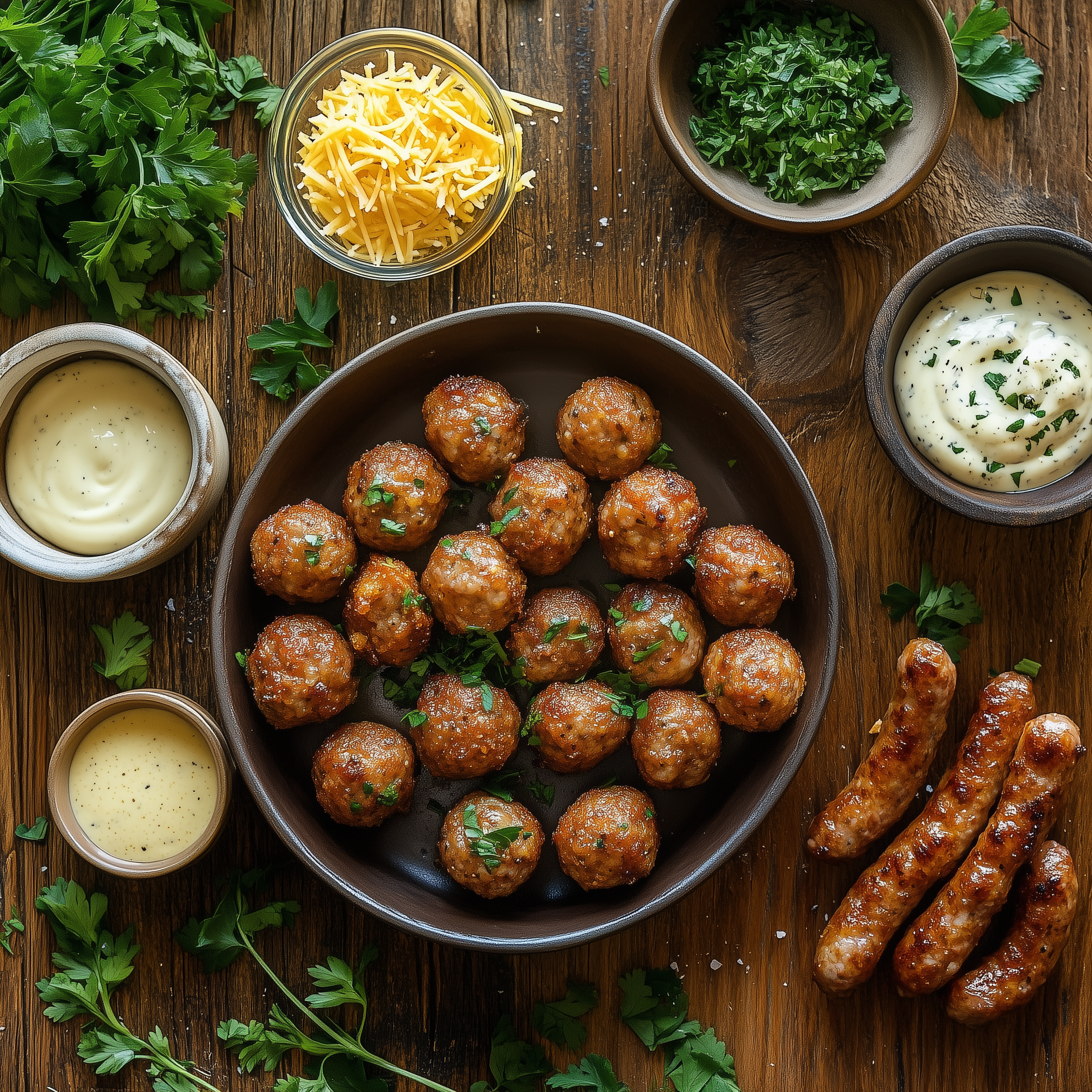 Plate of sausage balls with parsley, cheese, and dipping sauces on a rustic wooden table.