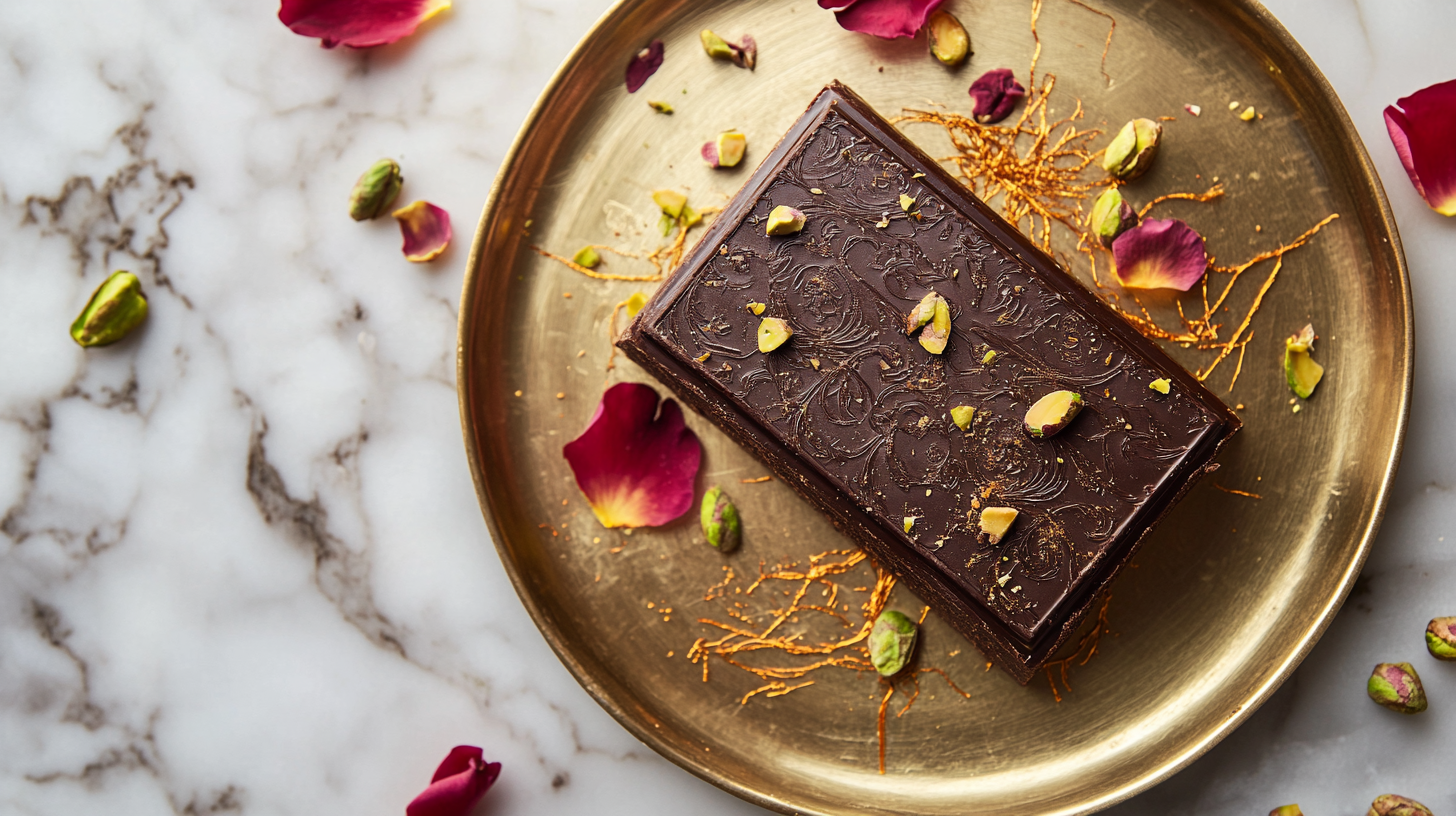 Glossy Dubai chocolate bar garnished with pistachios, saffron, and rose petals on a gold platter against a marble surface.