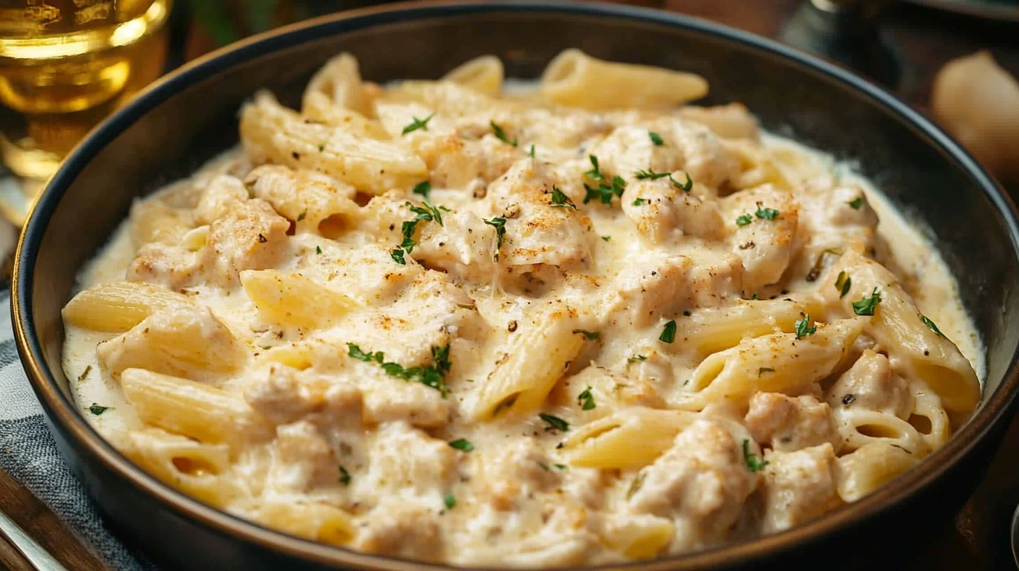 Creamy pasta dish featuring penne pasta coated in a rich, velvety white sauce, garnished with fresh parsley, served in a rustic black bowl.